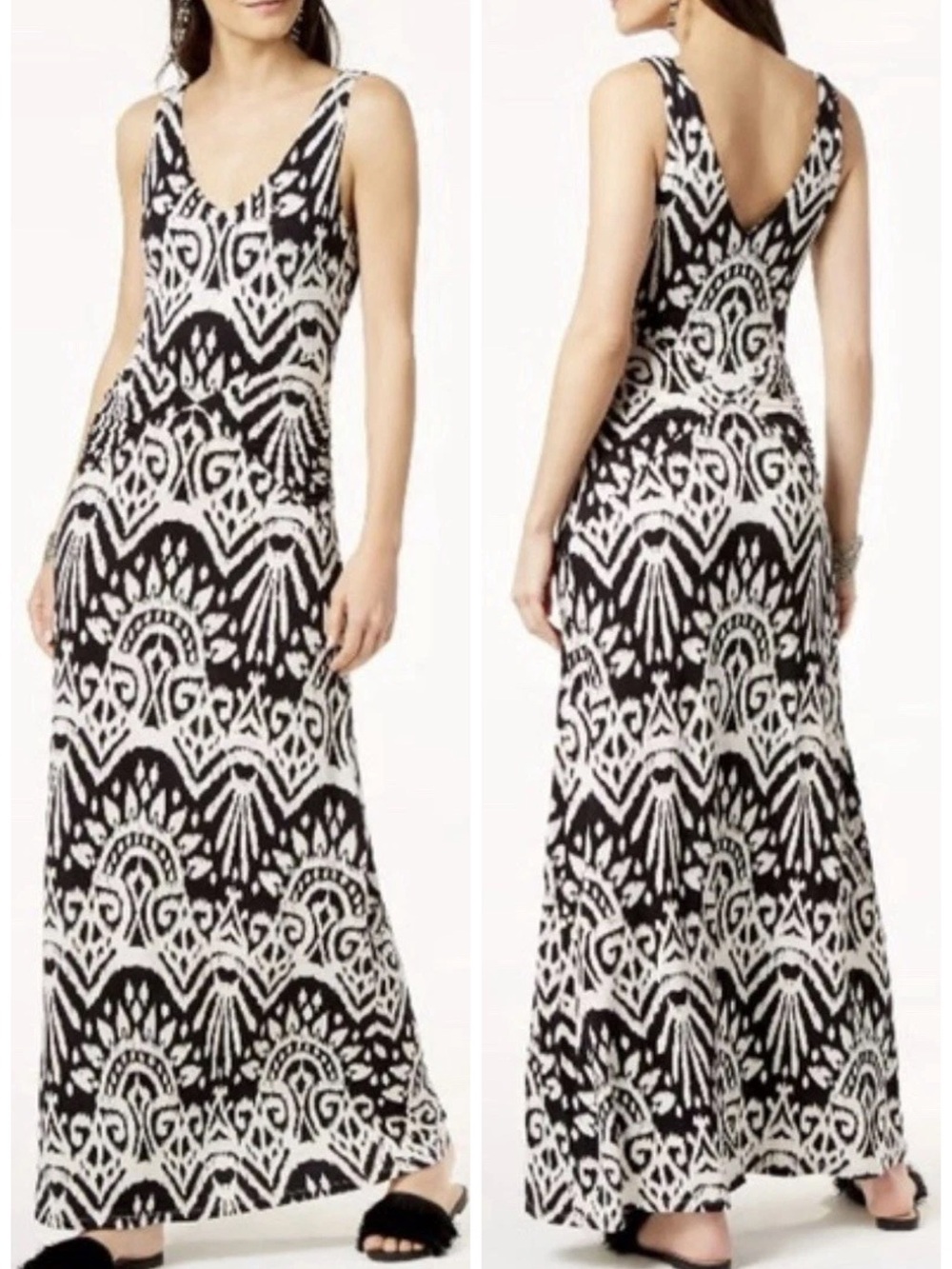 INC. International Concepts Ikat-Print Maxi Tank Dress In Black And White S EUC